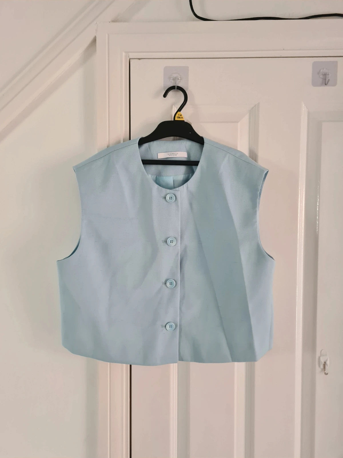 Michelle Keegan women light blue tailored buttoned crop top sleeveless blazer waistcoat 2XL/16