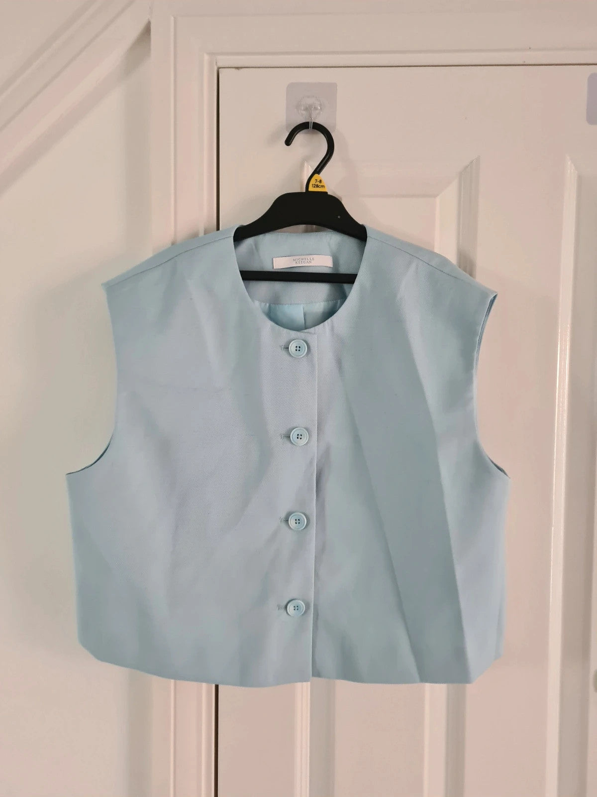 Michelle Keegan women light blue tailored buttoned crop top sleeveless blazer waistcoat 2XL/16