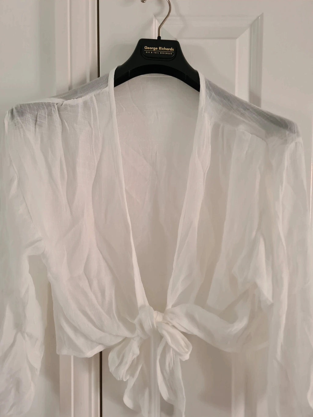 Shein women white see-through knot kimono tie front long sleeve cover-up top beach holiday M/10
