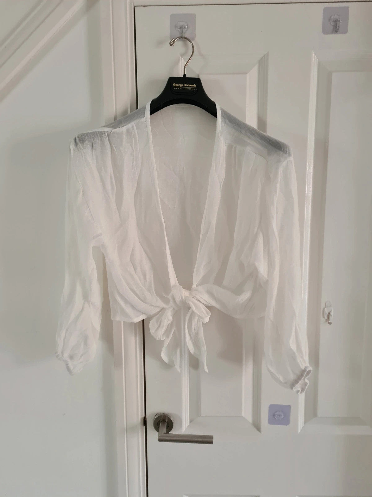 Shein women white see-through knot kimono tie front long sleeve cover-up top beach holiday M/10
