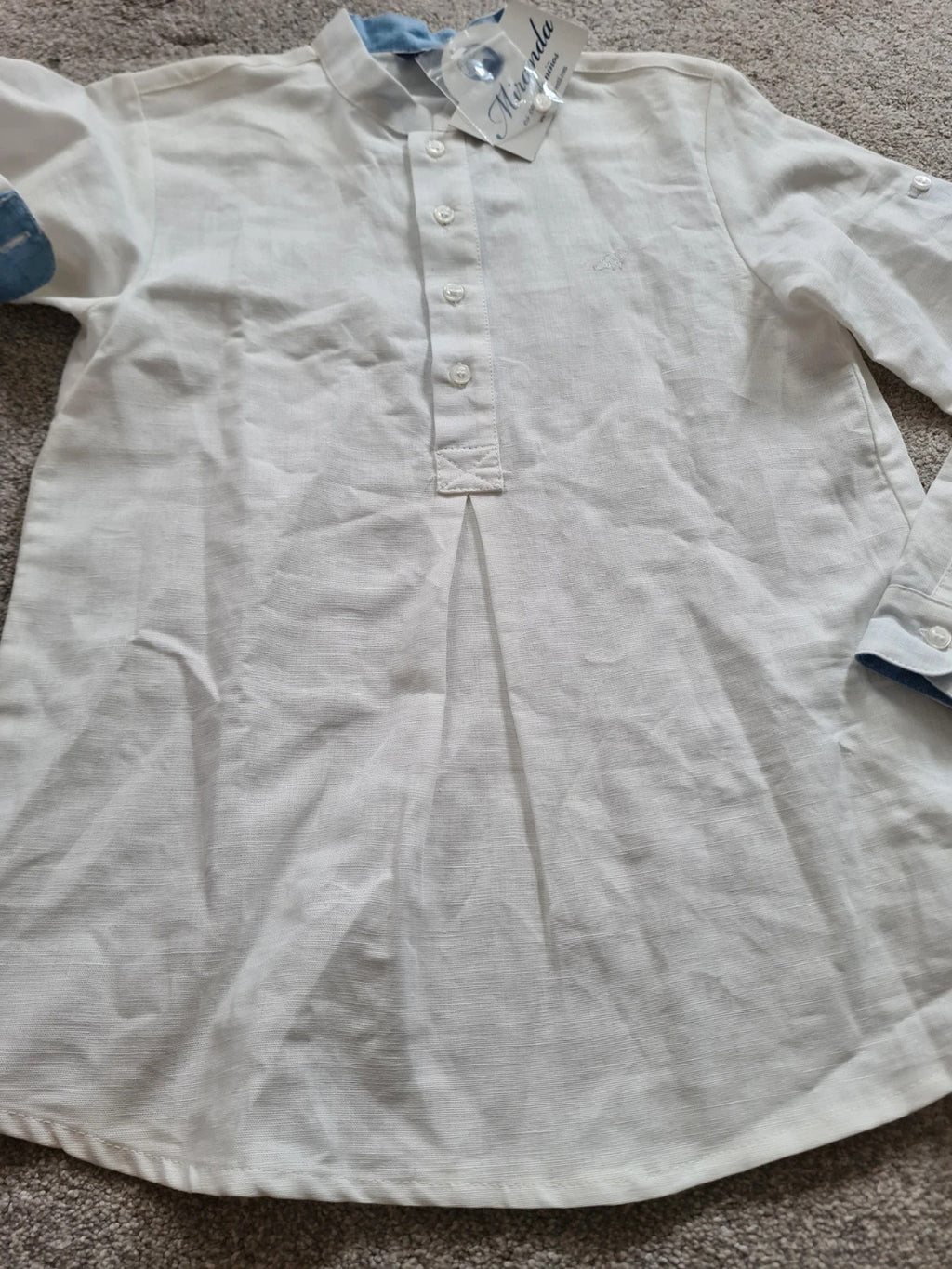 Miranda boys 8y white/blue linien/cotton long sleeve shirt mandarin collar fold-up sleeve casual