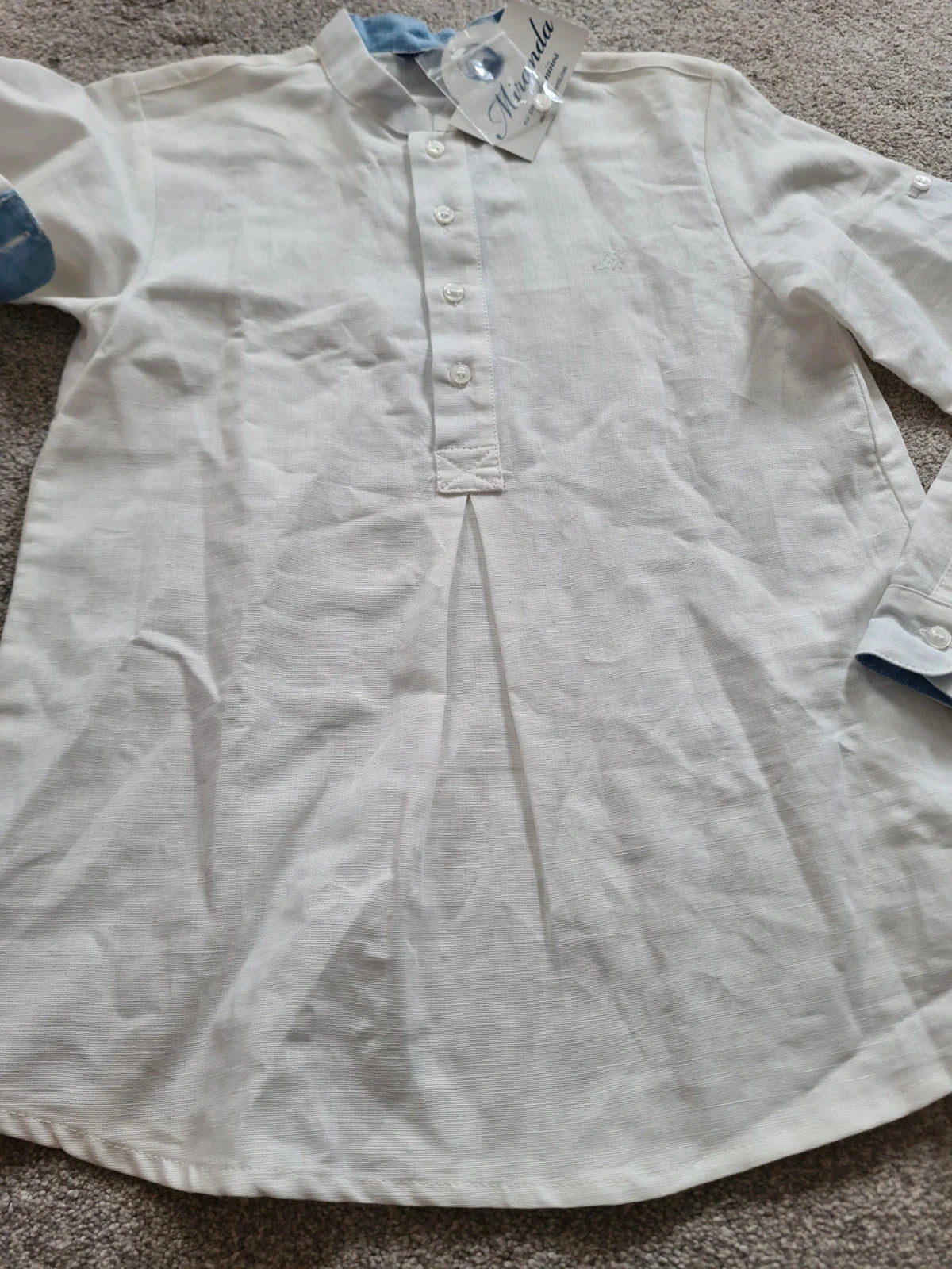 Miranda boys 8y white/blue linien/cotton long sleeve shirt mandarin collar fold-up sleeve casual