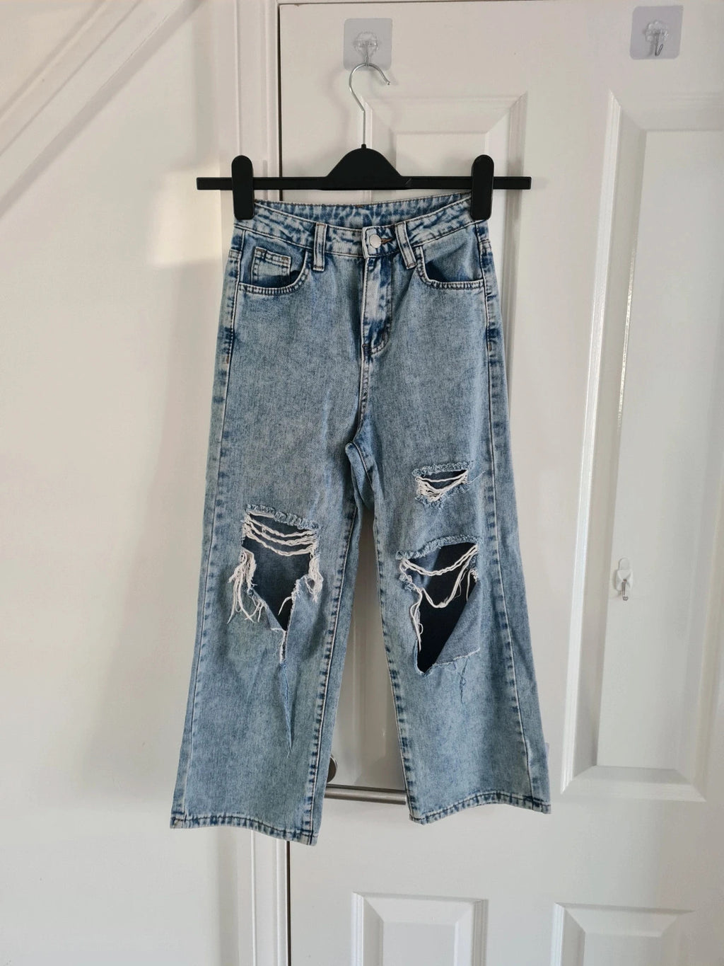 Shein kids girls 8/9y blue wash ripped jeans cotton blend trousers straight leg streetwear casual