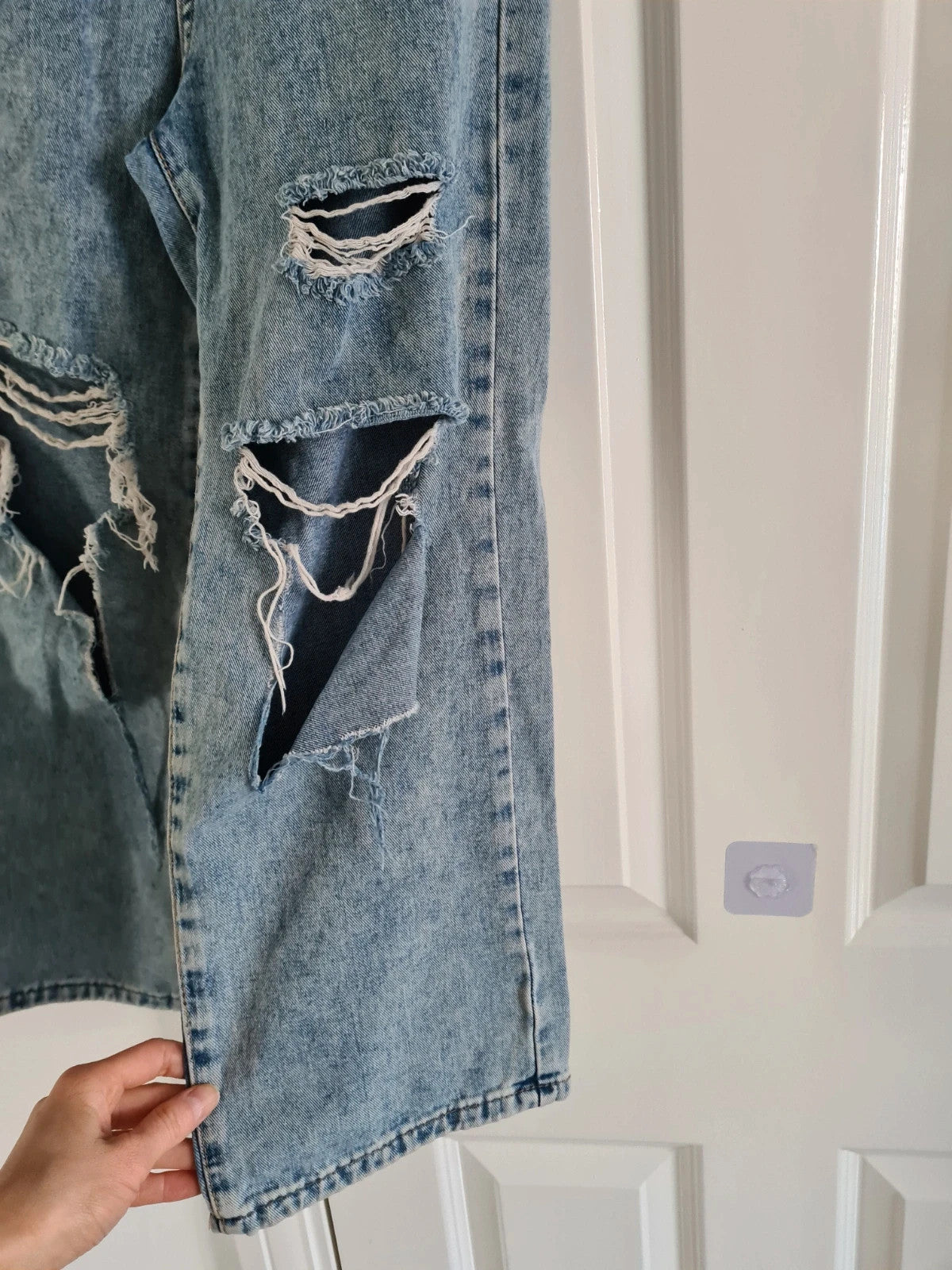 Shein kids girls 8/9y blue wash ripped jeans cotton blend trousers straight leg streetwear casual