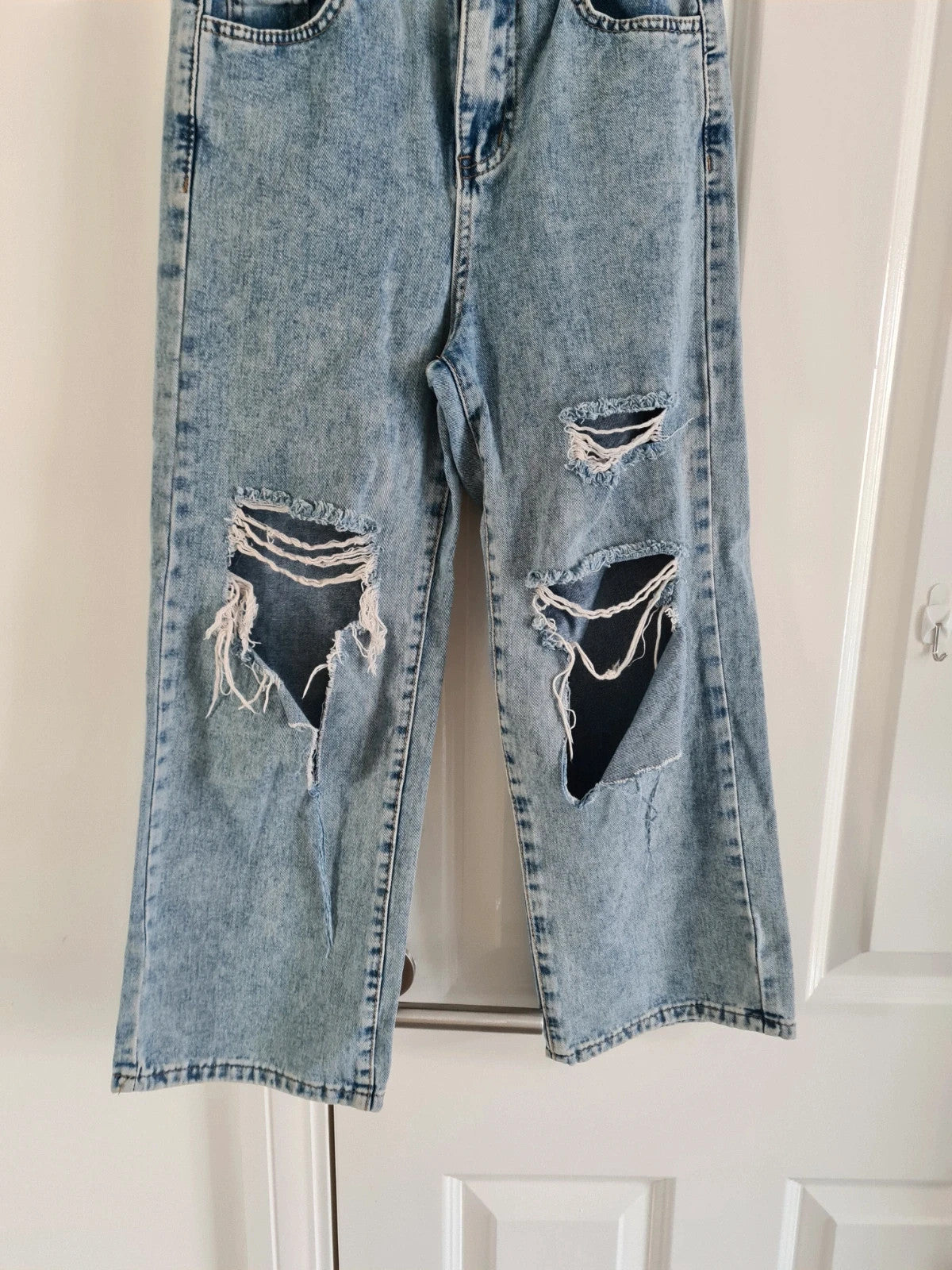Shein kids girls 8/9y blue wash ripped jeans cotton blend trousers straight leg streetwear casual