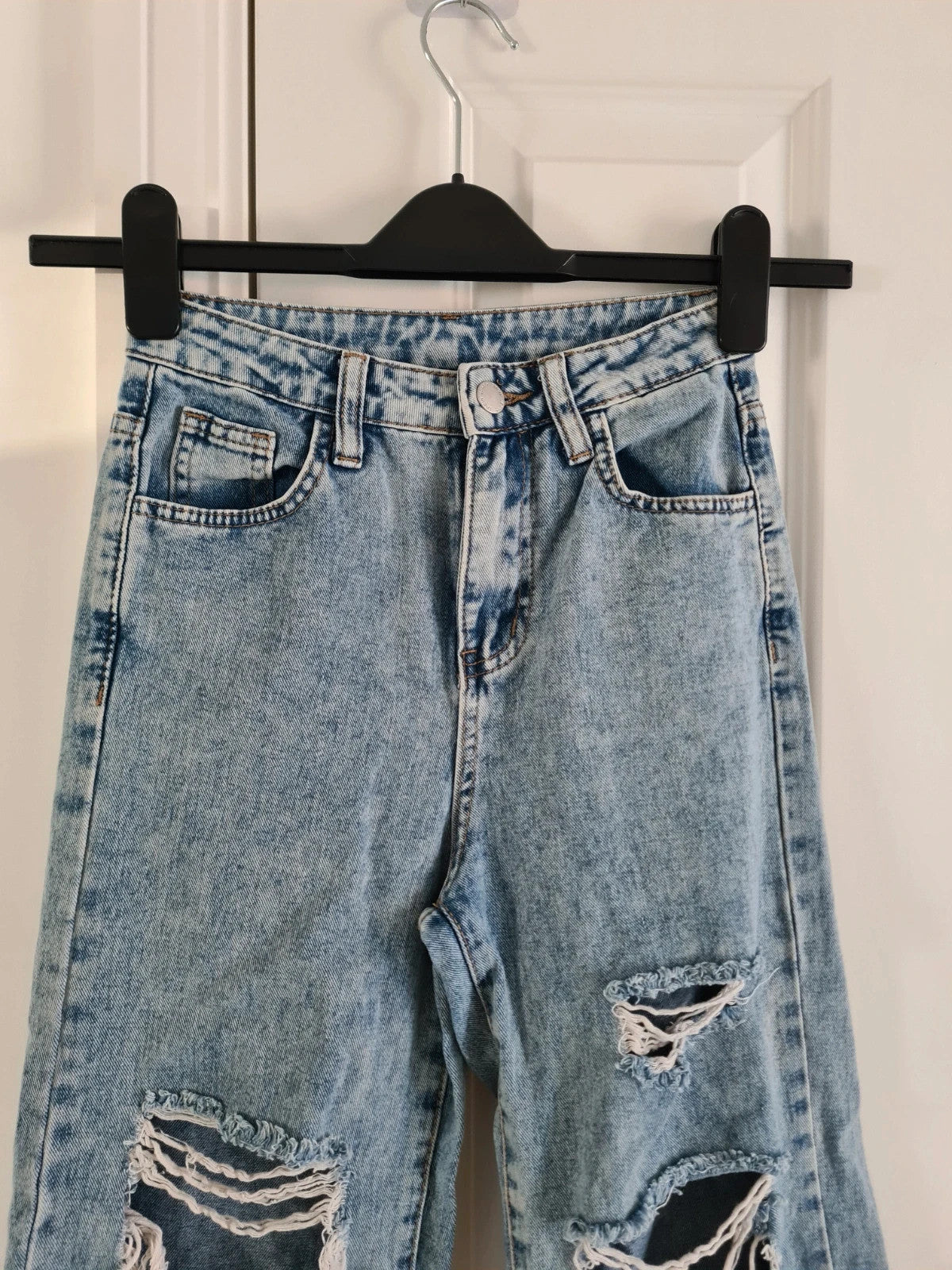 Shein kids girls 8/9y blue wash ripped jeans cotton blend trousers straight leg streetwear casual