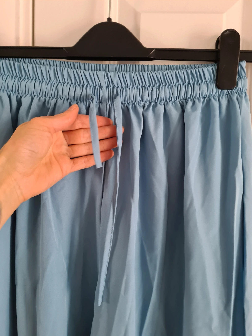 Shein women blue wide straight leg trousers elastic drawstring waist casual lounge L/12