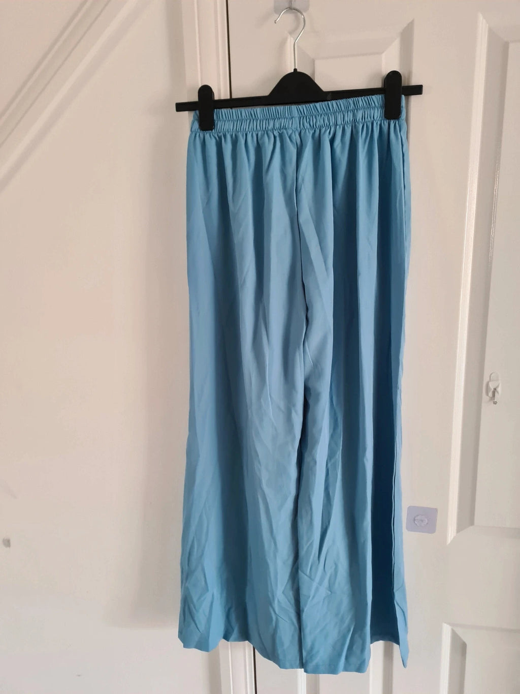 Shein women blue wide straight leg trousers elastic drawstring waist casual lounge L/12