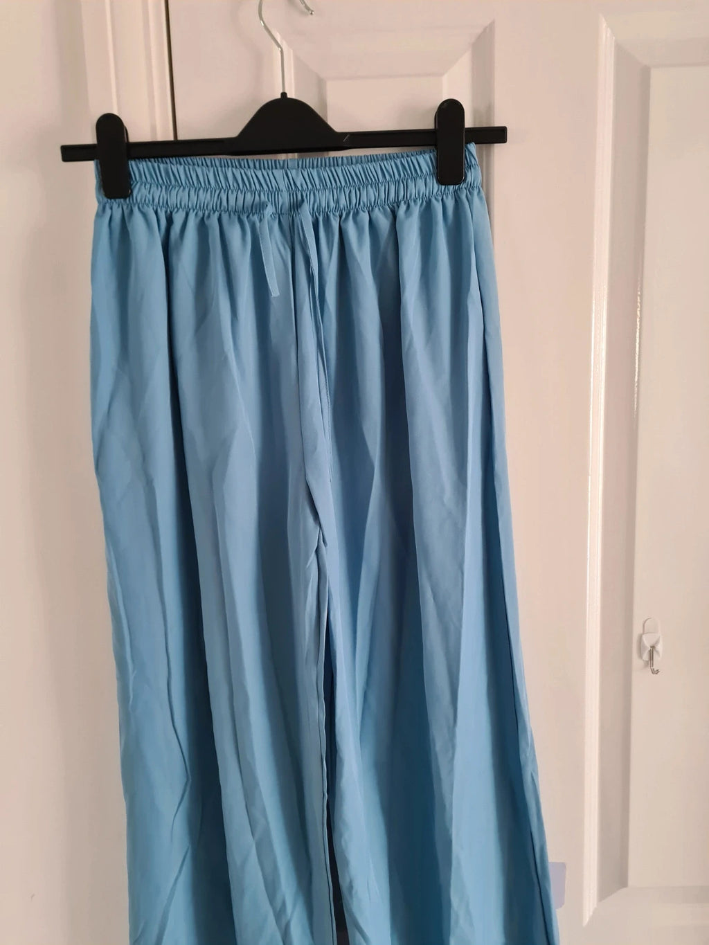 Shein women blue wide straight leg trousers elastic drawstring waist casual lounge L/12
