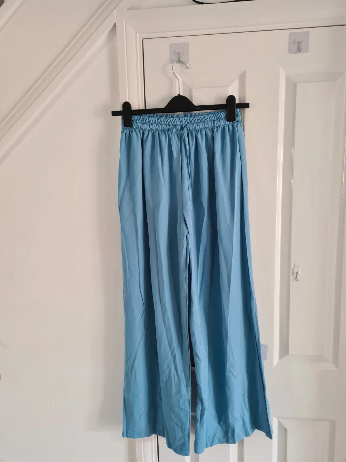 Shein women blue wide straight leg trousers elastic drawstring waist casual lounge L/12