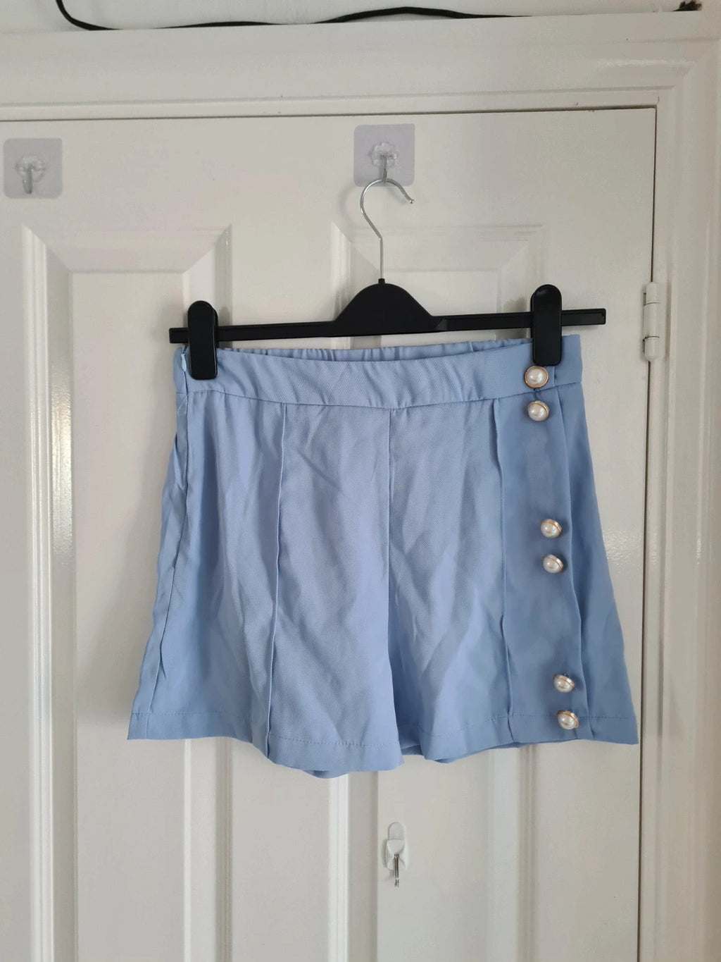 Shein women light blue shorts decorative buttons mid waist elastic waist casual holiday outfit M/10