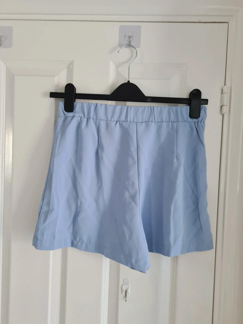Shein women light blue shorts decorative buttons mid waist elastic waist casual holiday outfit M/10