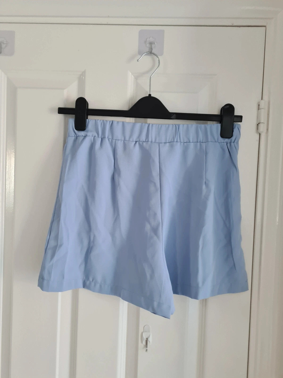 Shein women light blue shorts decorative buttons mid waist elastic waist casual holiday outfit M/10