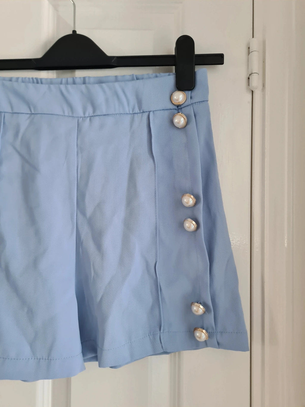 Shein women light blue shorts decorative buttons mid waist elastic waist casual holiday outfit M/10