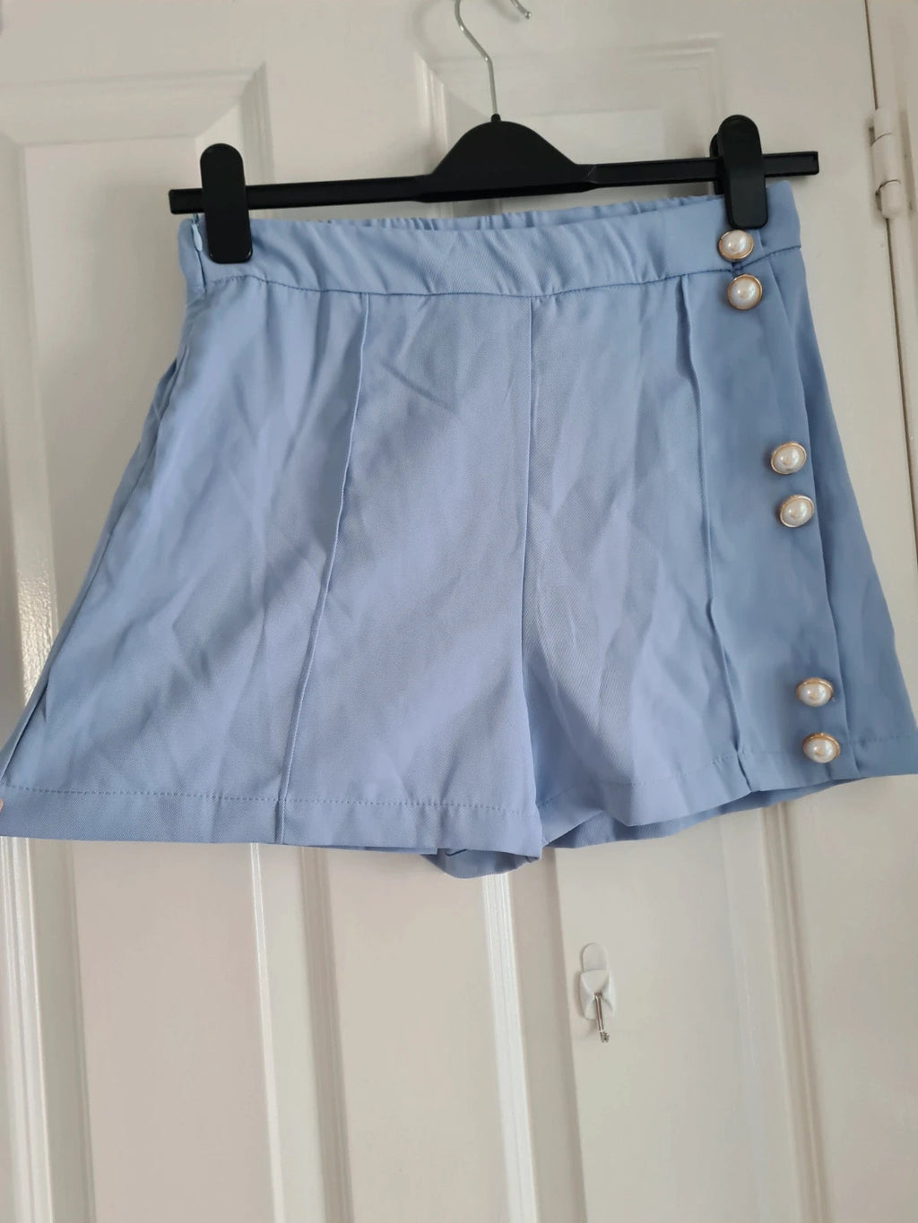 Shein women light blue shorts decorative buttons mid waist elastic waist casual holiday outfit M/10