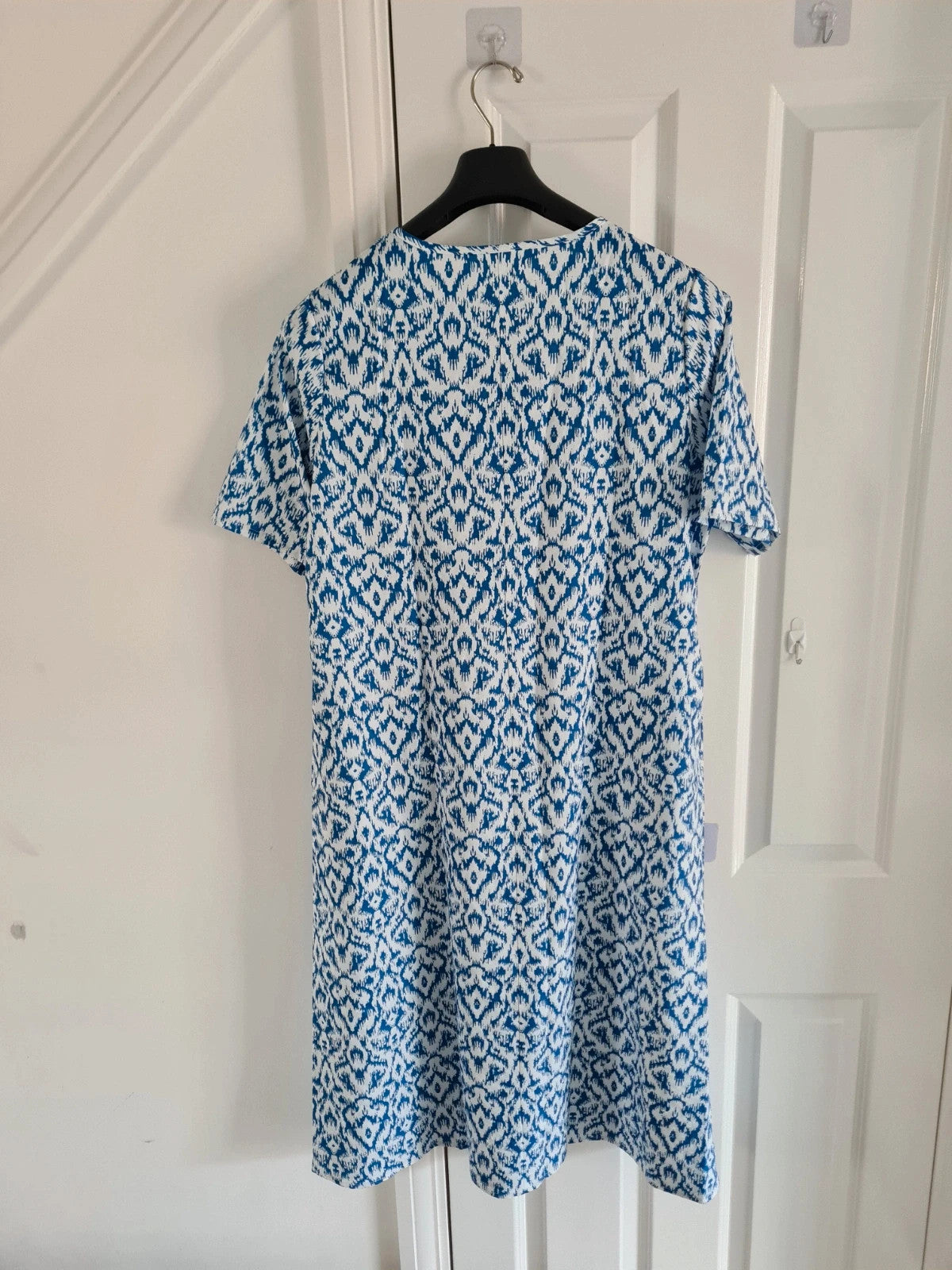 Shein women white/blue monogram midi dress long shirt V-neck pockets buttons beach casual XL/14