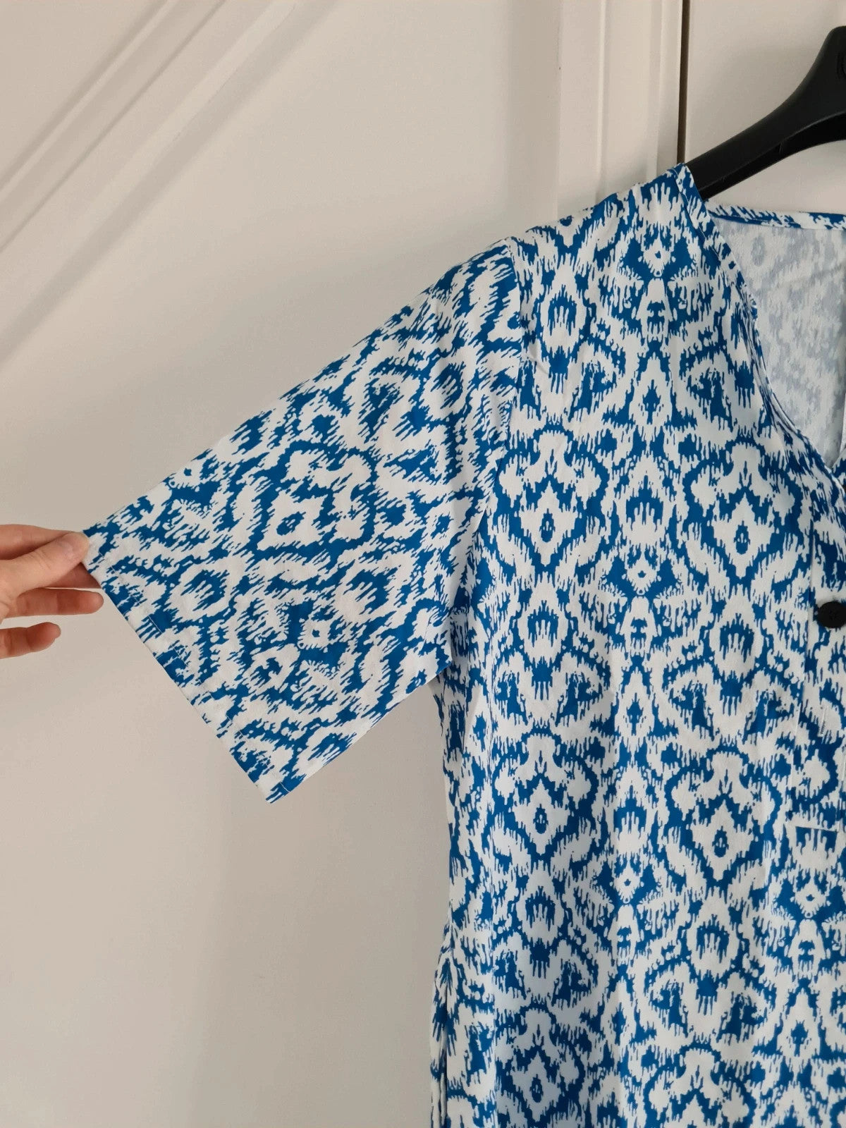 Shein women white/blue monogram midi dress long shirt V-neck pockets buttons beach casual XL/14