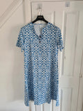 Shein women white/blue monogram midi dress long shirt V-neck pockets buttons beach casual XL/14