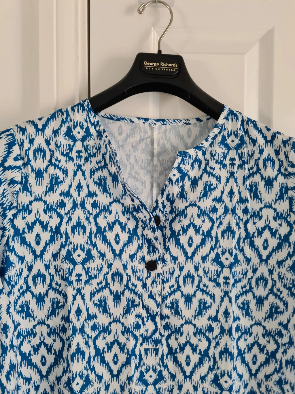 Shein women white/blue monogram midi dress long shirt V-neck pockets buttons beach casual XL/14