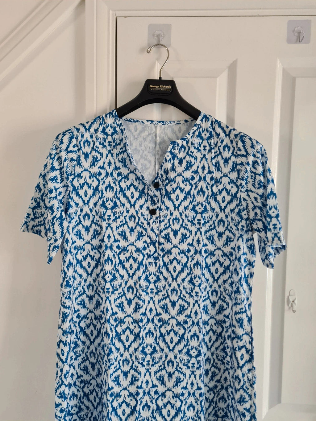 Shein women white/blue monogram midi dress long shirt V-neck pockets buttons beach casual XL/14
