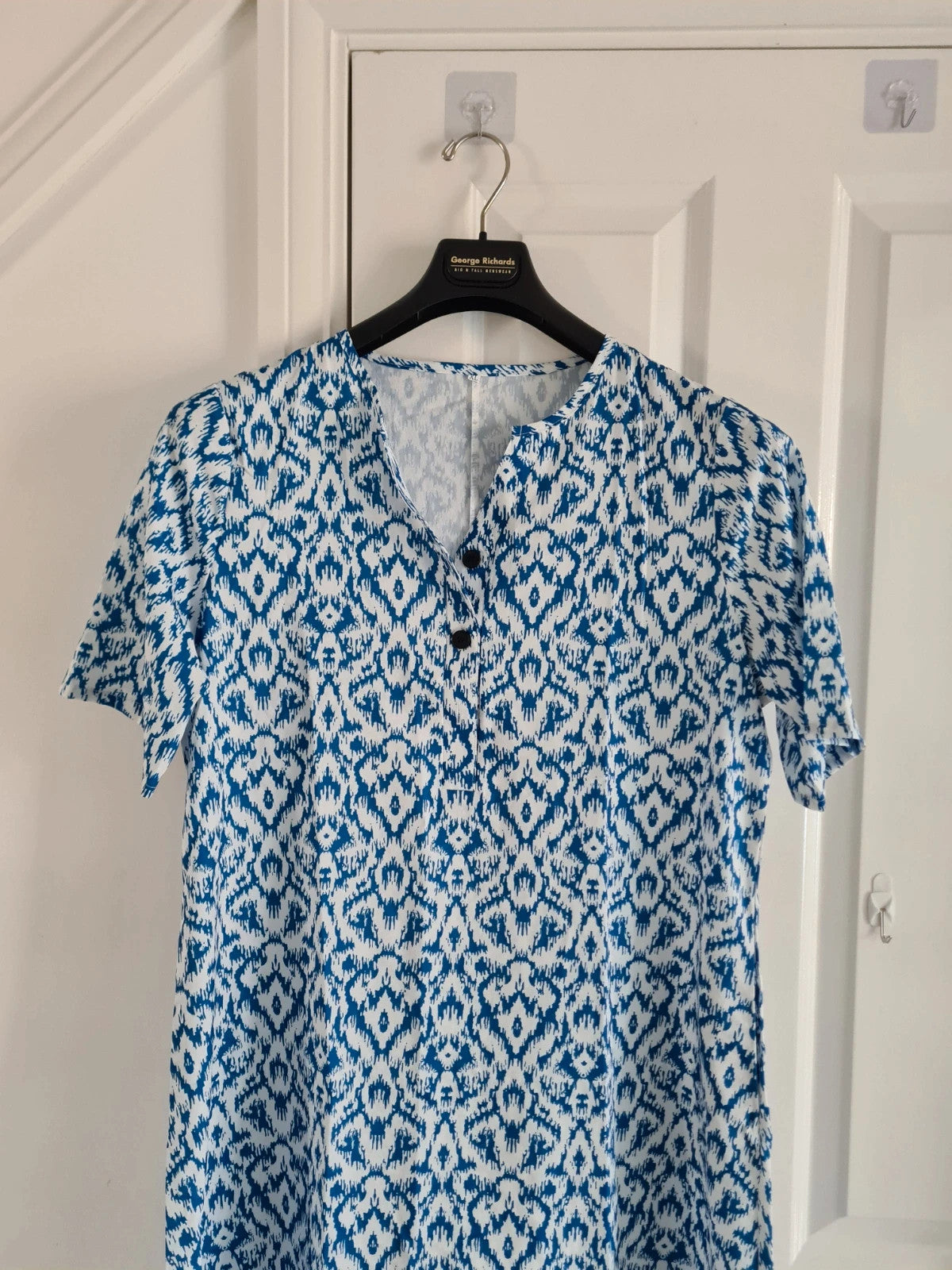 Shein women white/blue monogram midi dress long shirt V-neck pockets buttons beach casual XL/14