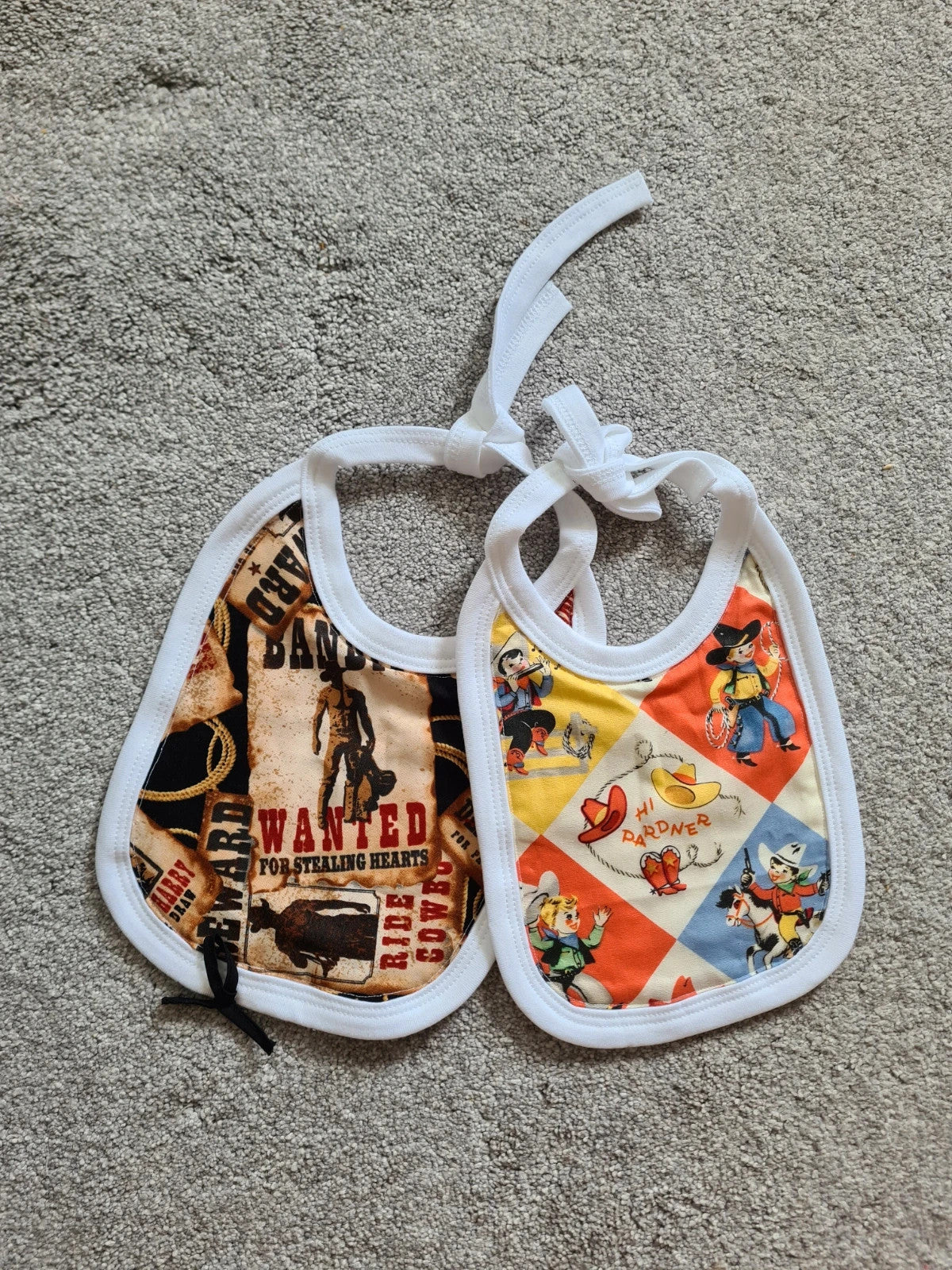 Cowboy print baby 2pcs bibs handmade multicolours drawsting soft jersey cotton