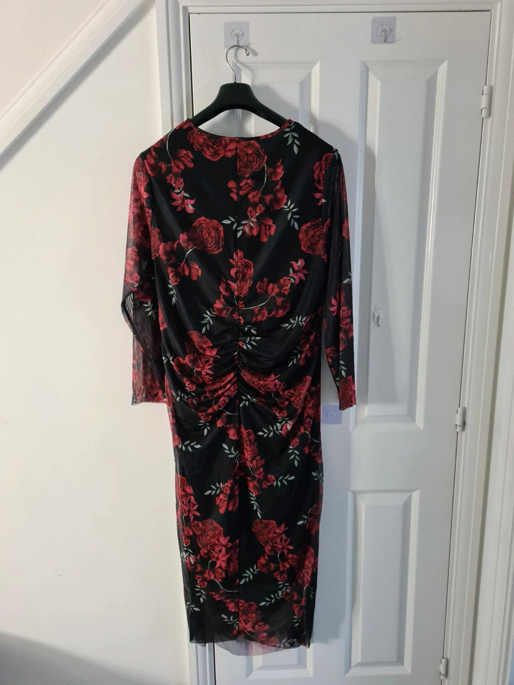 Shein women red/black midi dress long sleeves floral print mesh bodycon lined occasion curve 6XL/24
