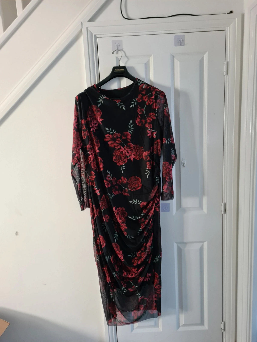 Shein women red/black midi dress long sleeves floral print mesh bodycon lined occasion curve 6XL/24