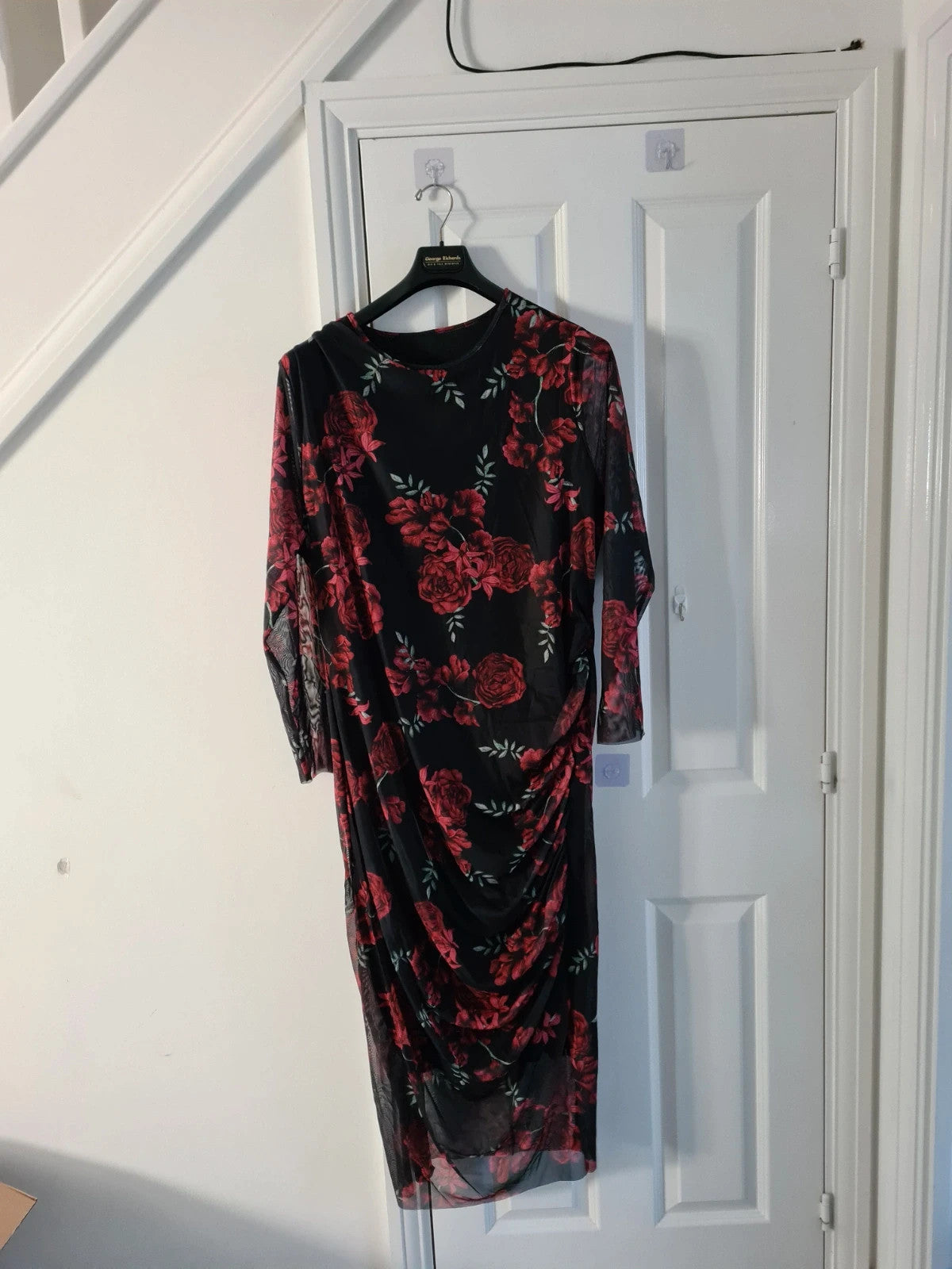 Shein women red/black midi dress long sleeves floral print mesh bodycon lined occasion curve 6XL/24