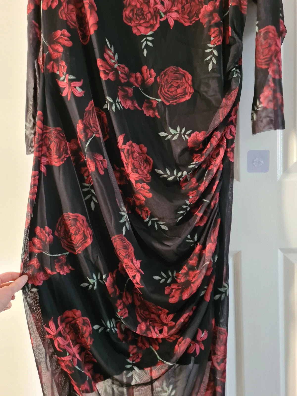 Shein women red/black midi dress long sleeves floral print mesh bodycon lined occasion curve 6XL/24