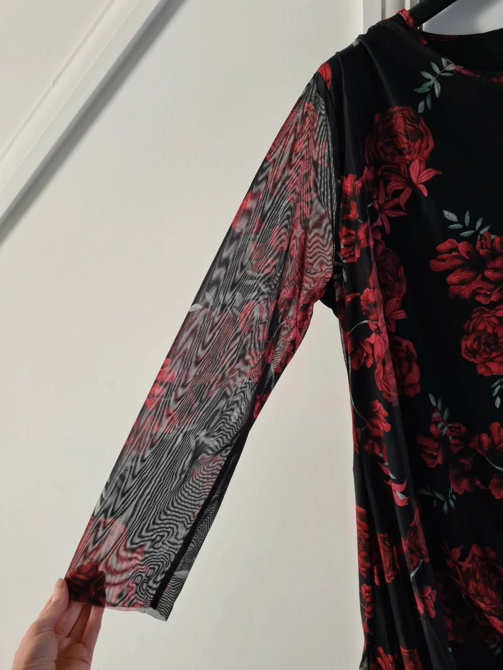 Shein women red/black midi dress long sleeves floral print mesh bodycon lined occasion curve 6XL/24