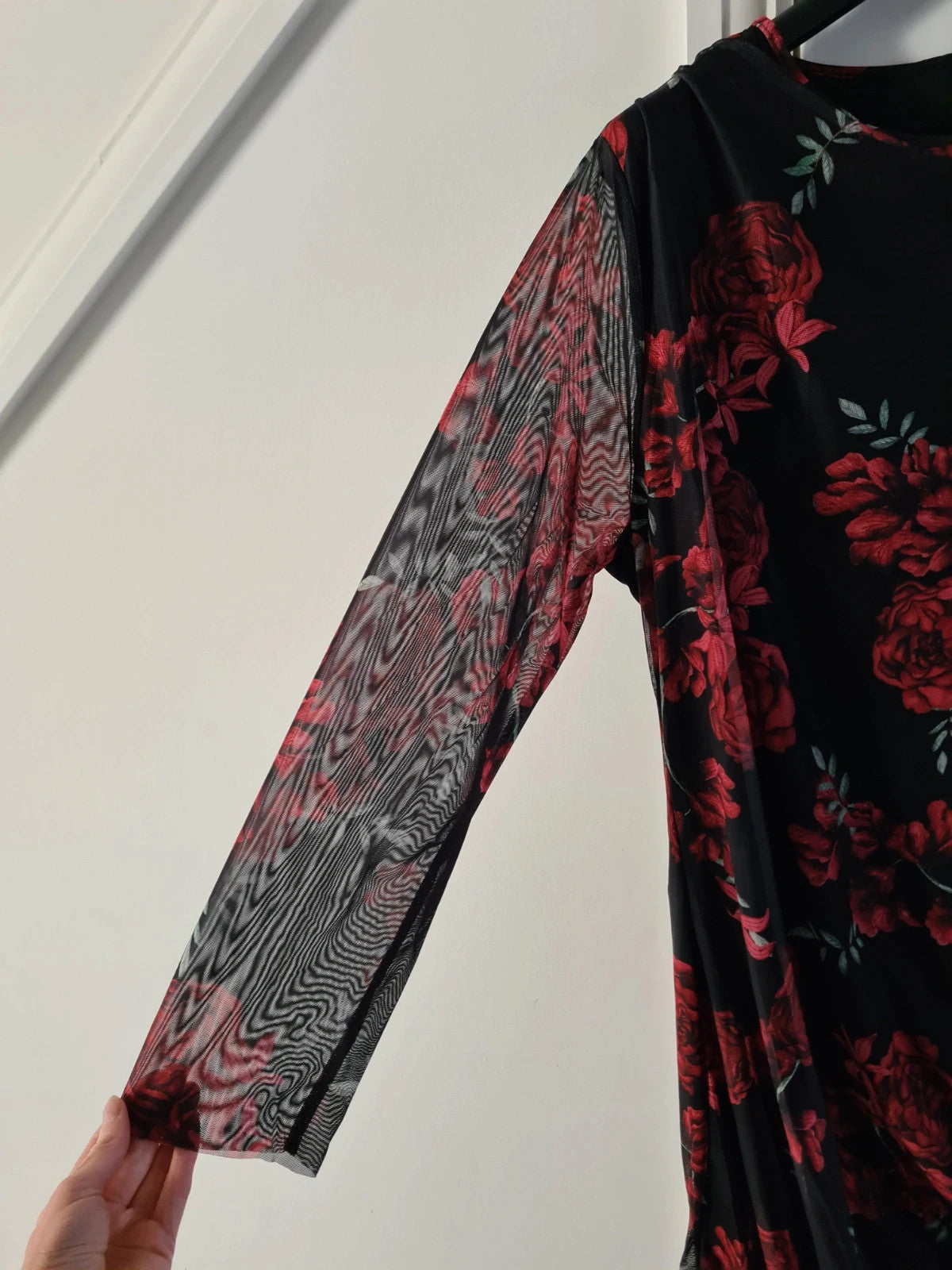 Shein women red/black midi dress long sleeves floral print mesh bodycon lined occasion curve 6XL/24