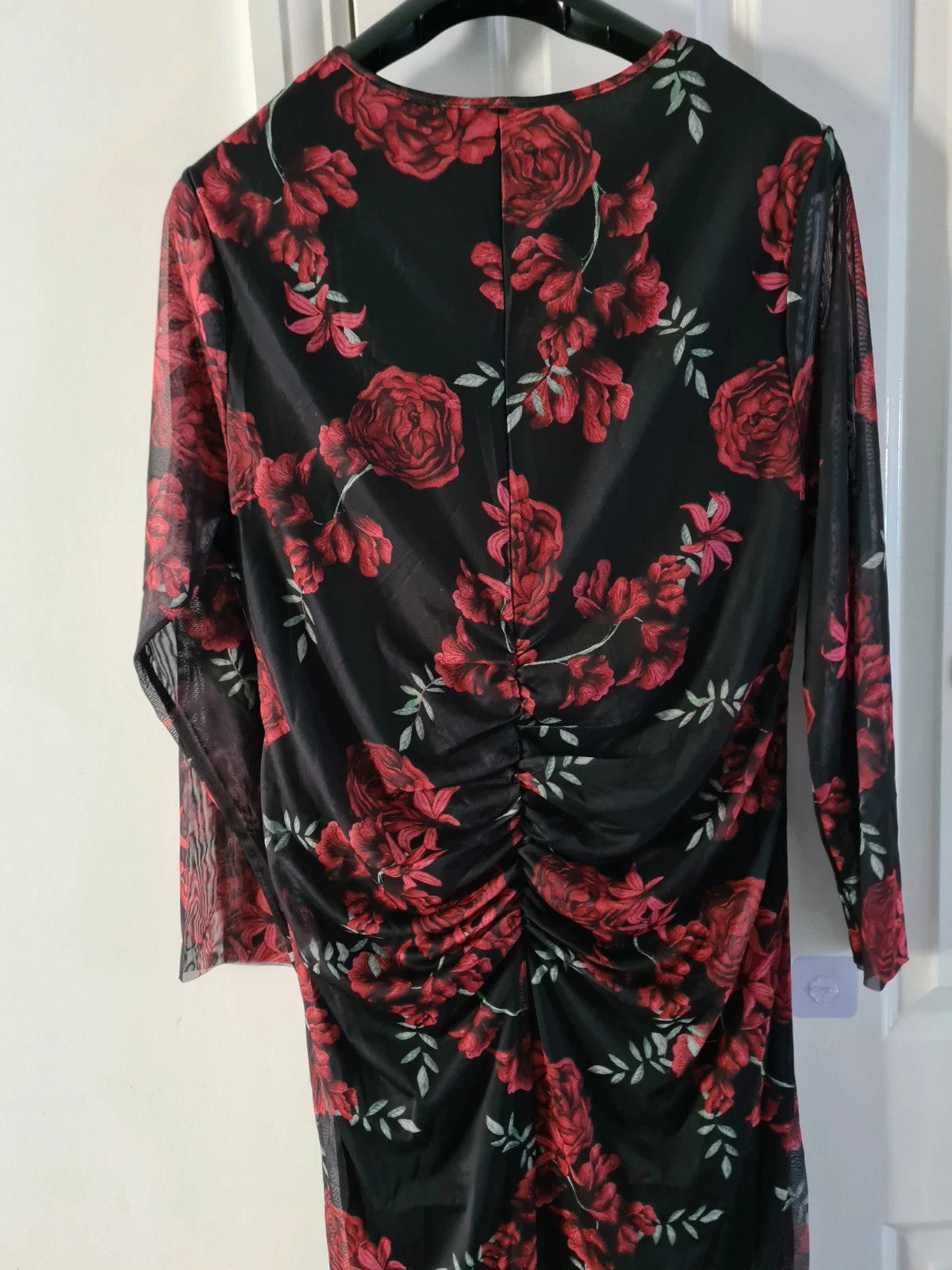 Shein women red/black midi dress long sleeves floral print mesh bodycon lined occasion curve 6XL/24