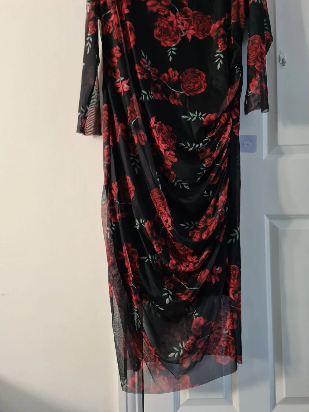 Shein women red/black midi dress long sleeves floral print mesh bodycon lined occasion curve 6XL/24