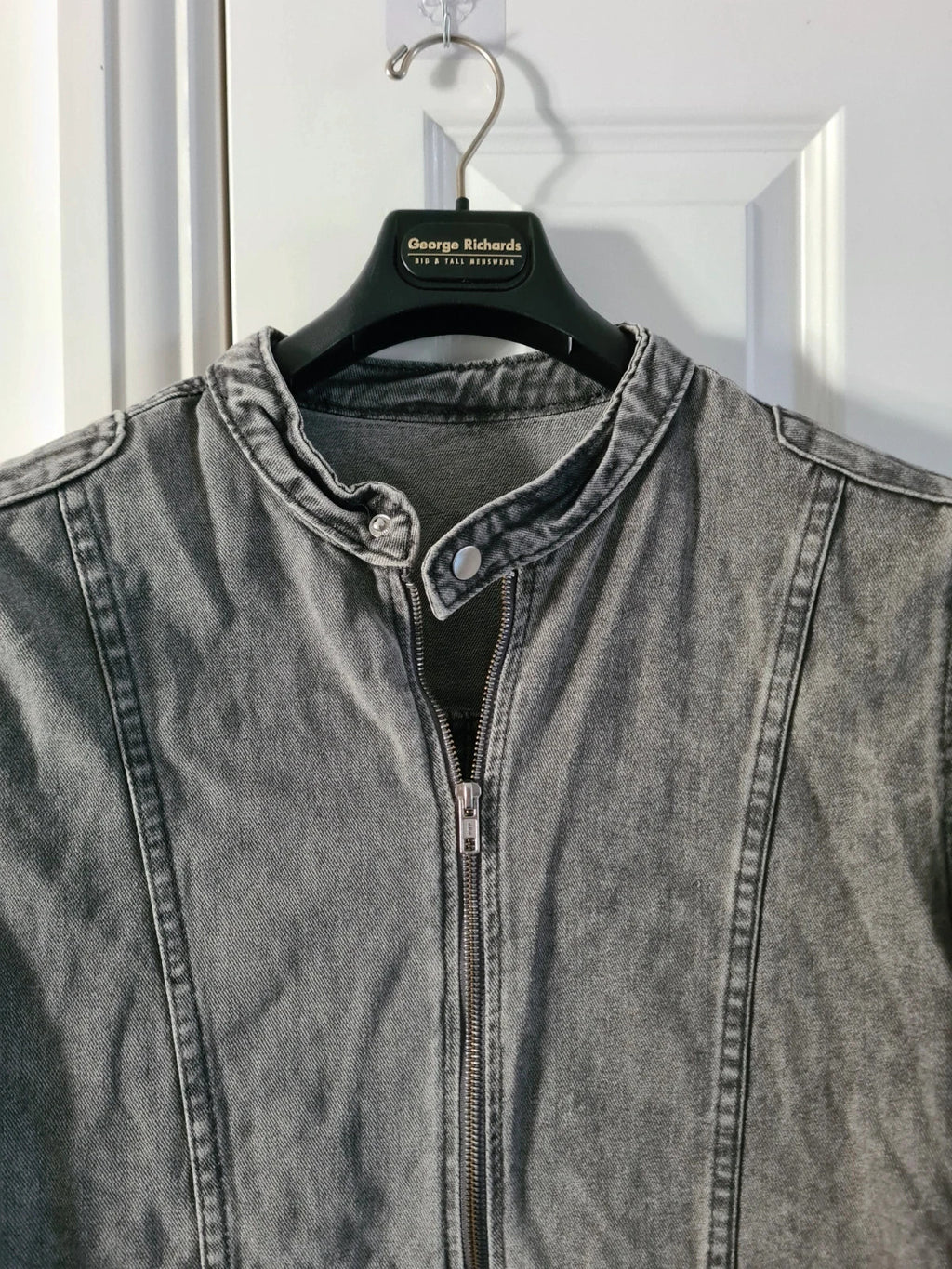 Manfinity men wash grey long sleeve jacket stand collar zip up casual denim cotton blend outer XL