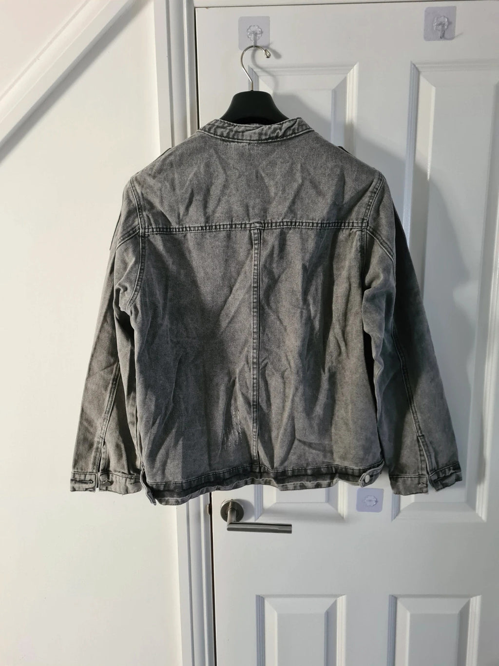 Manfinity men wash grey long sleeve jacket stand collar zip up casual denim cotton blend outer XL
