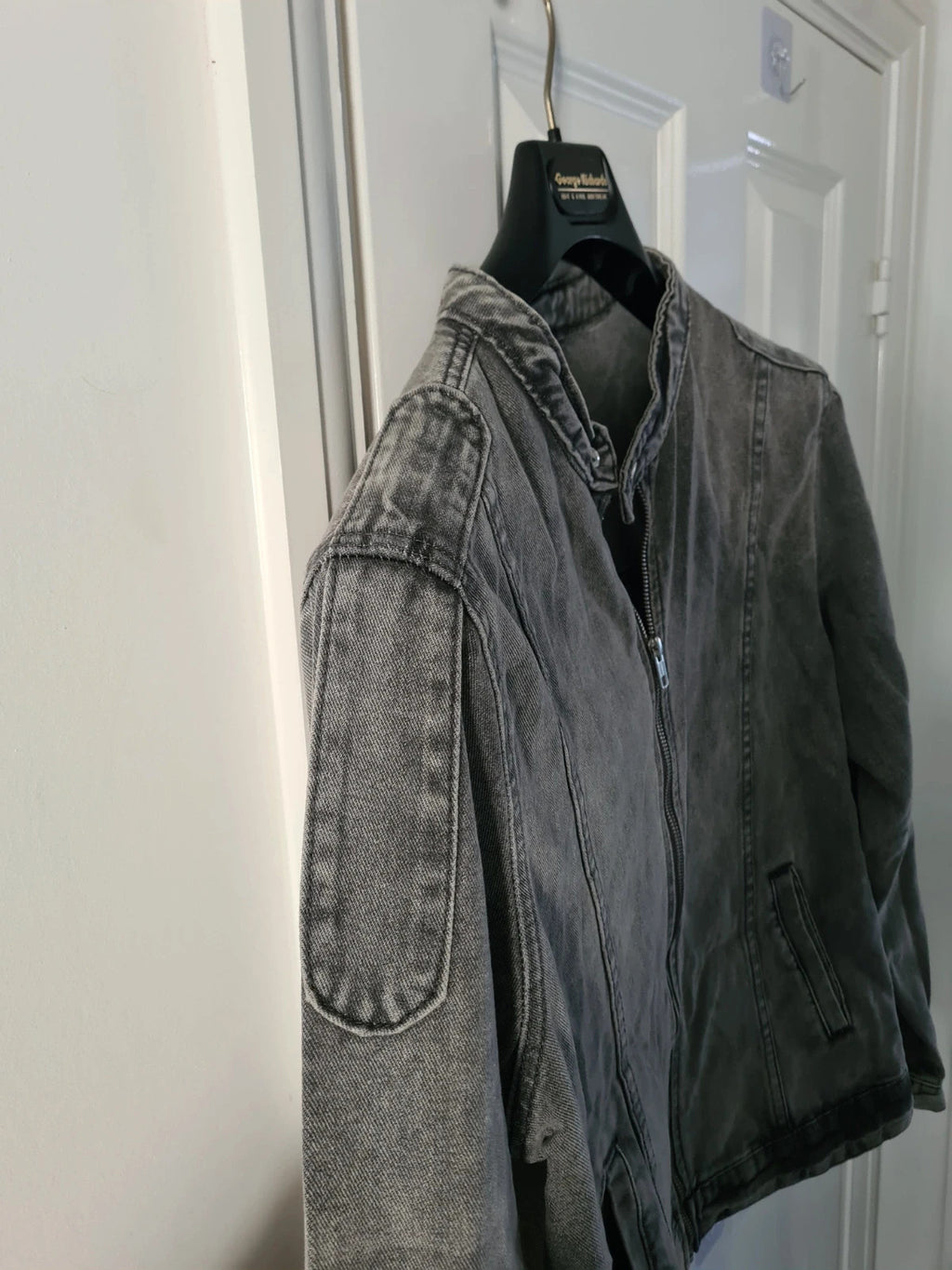 Manfinity men wash grey long sleeve jacket stand collar zip up casual denim cotton blend outer XL