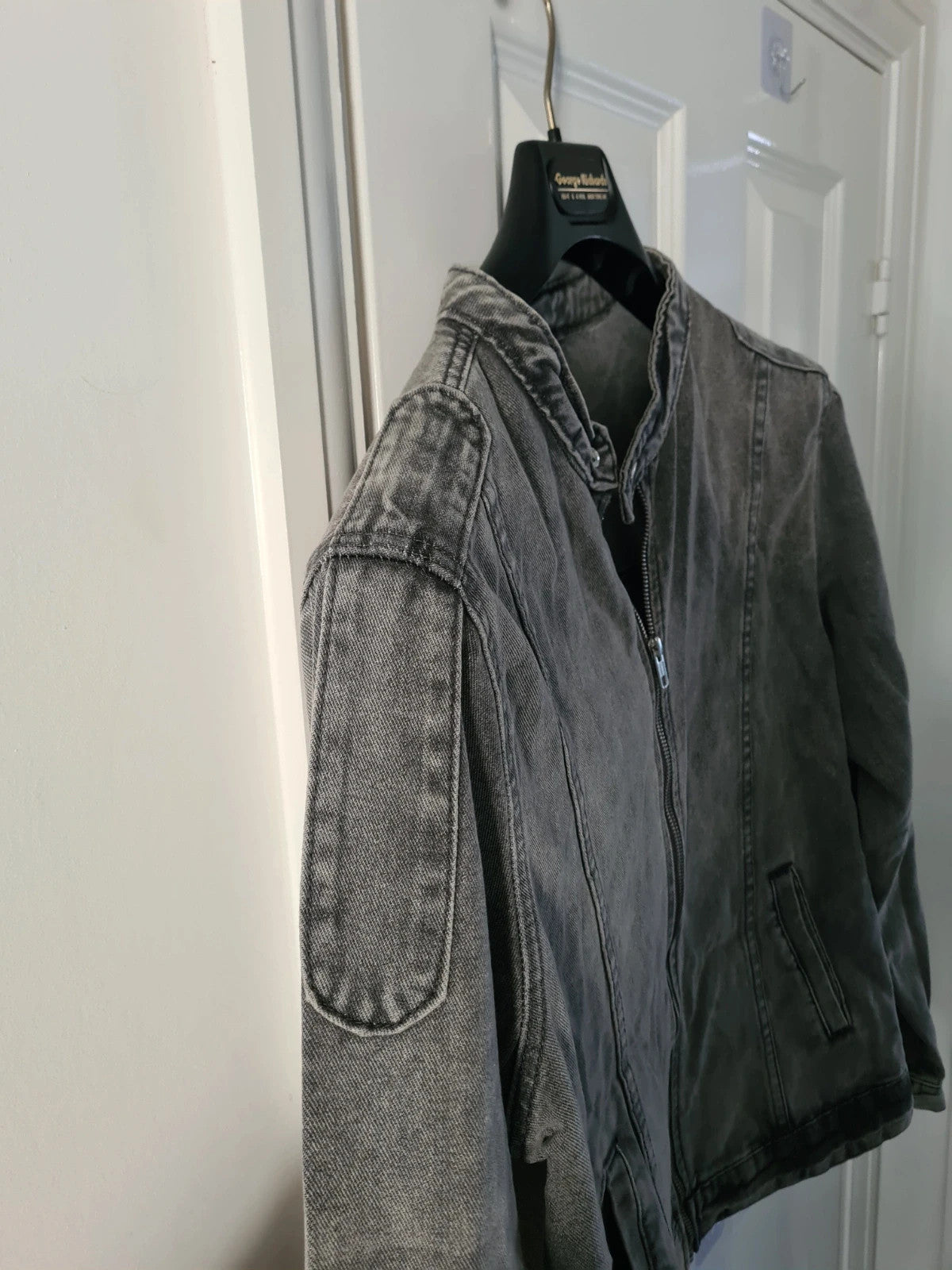 Manfinity men wash grey long sleeve jacket stand collar zip up casual denim cotton blend outer XL