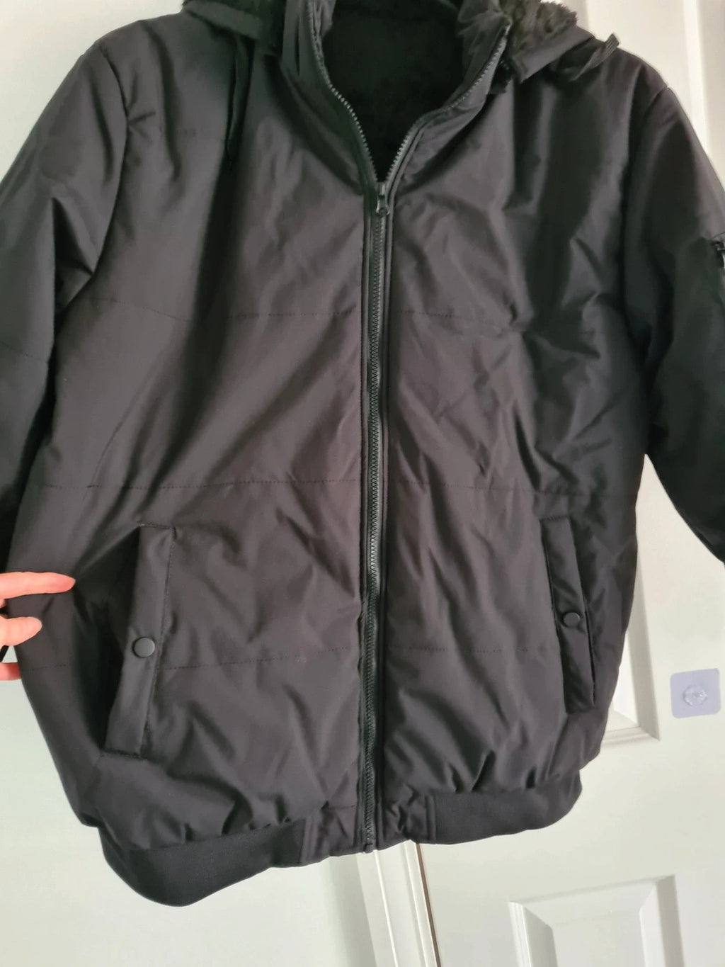 Manfinity men black puffer bomber winter jacket faux fur lining hood cozy warm casual outer XL