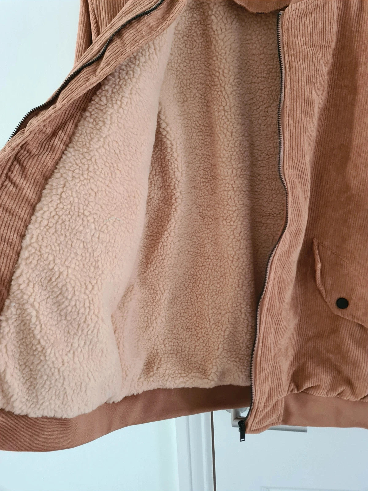 Manfinity men light brown corduroy bomber jacket teddy lining zip up warm casual outer XL