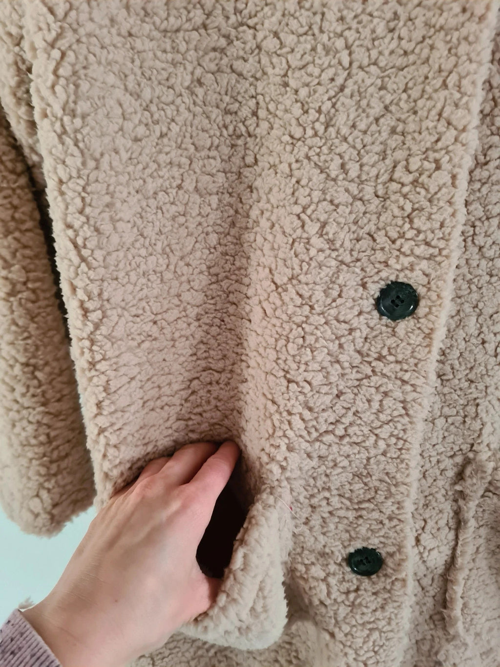 Shein women beige long teddy bear coat button front pockets oversize jacket cosy casual outer M/10