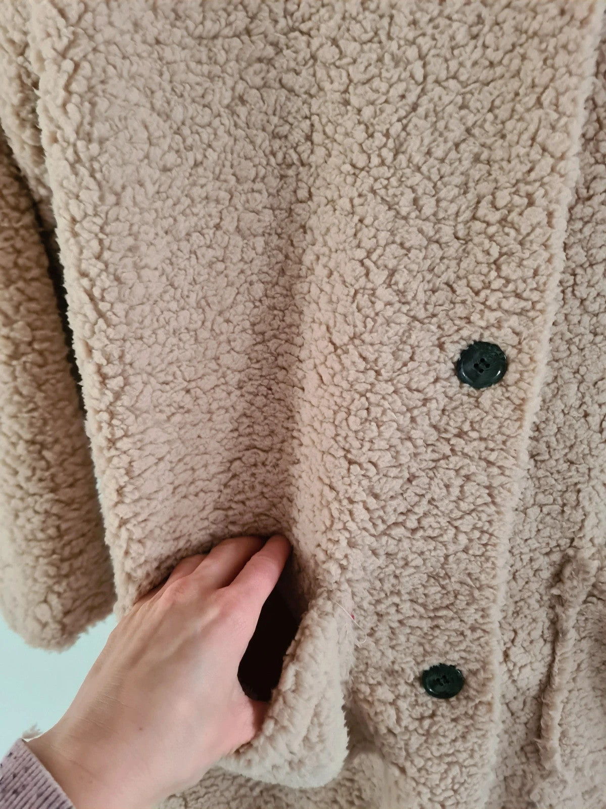 Shein women beige long teddy bear coat button front pockets oversize jacket cosy casual outer M/10