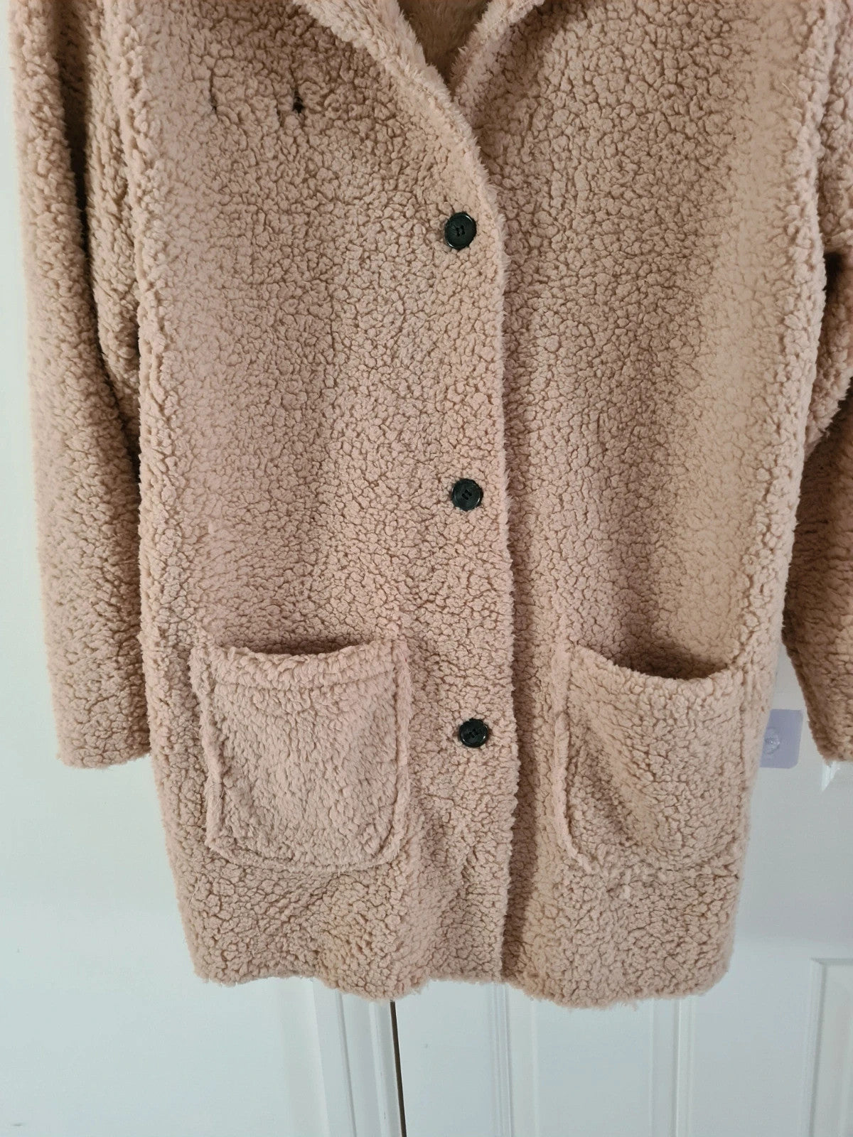 Shein women beige long teddy bear coat button front pockets oversize jacket cosy casual outer M/10