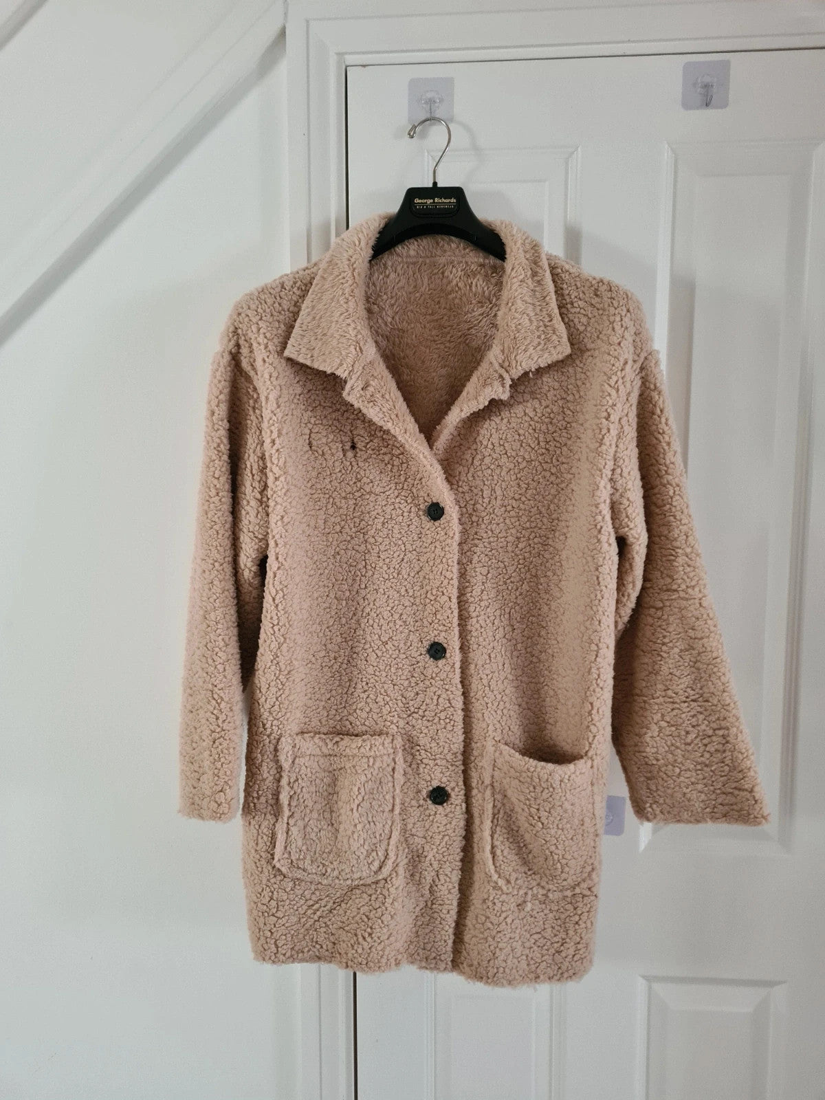 Shein women beige long teddy bear coat button front pockets oversize jacket cosy casual outer M/10