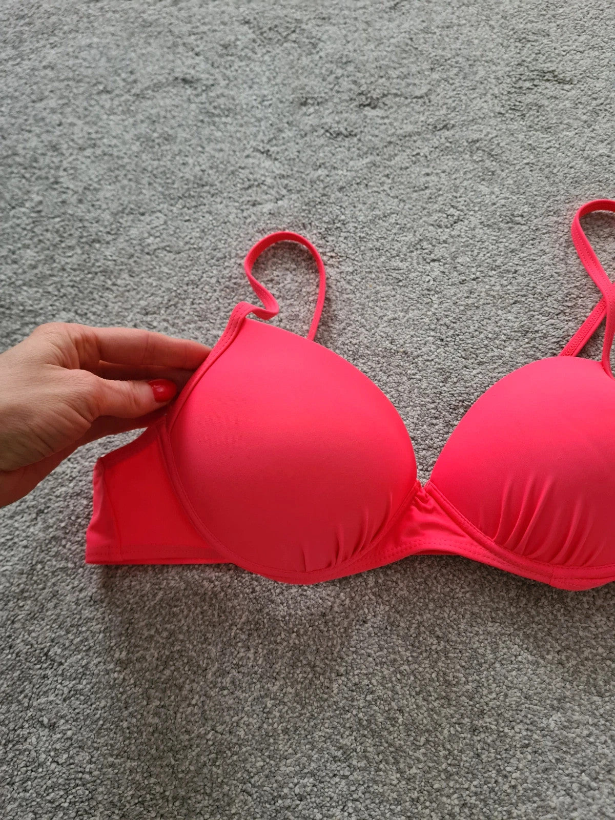 Shein women neon coral bikini top push up adjustable straps swimwear beach pool holiday outfit M/10