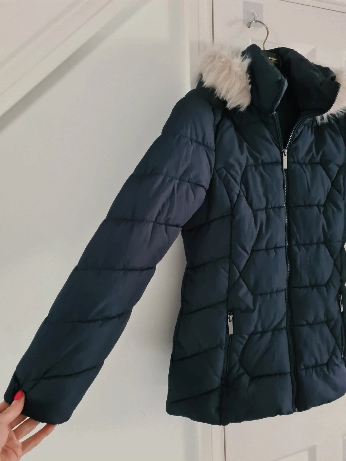 Roman women navy faux fur trim hooded coat long quilted jacket zip stand neck warm casual L/12