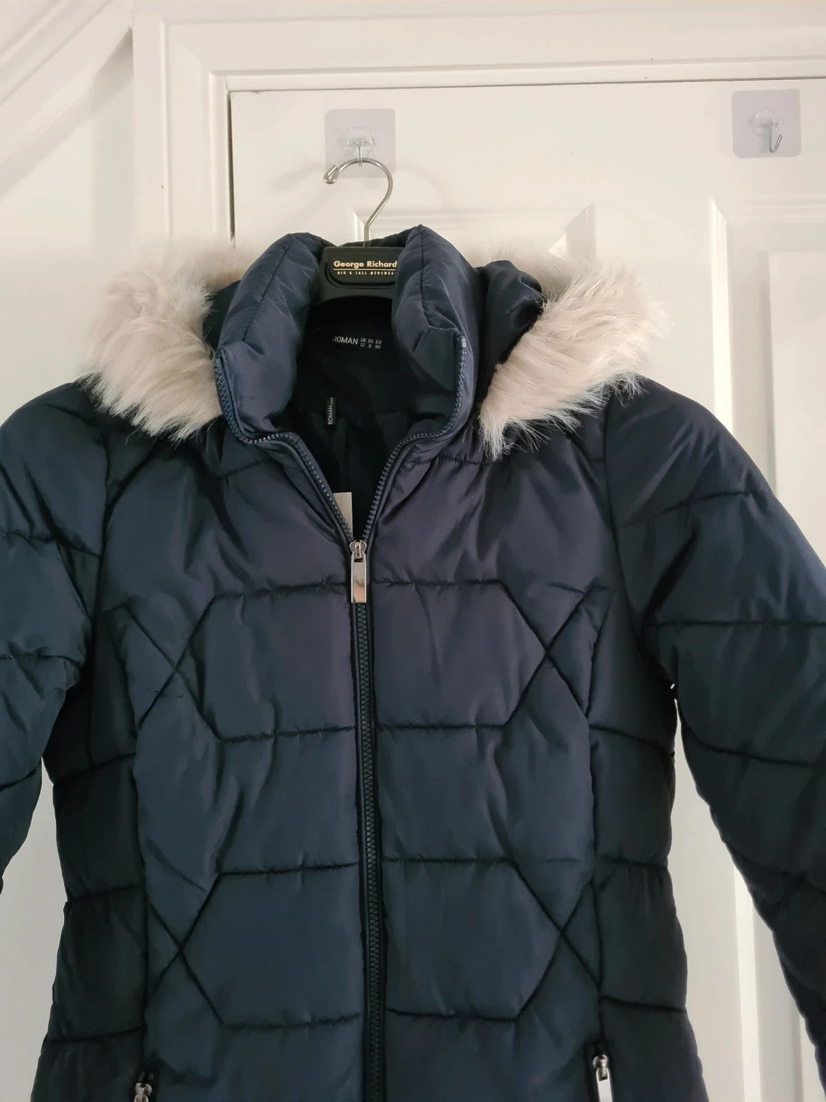 Roman women navy faux fur trim hooded coat long quilted jacket zip stand neck warm casual L/12
