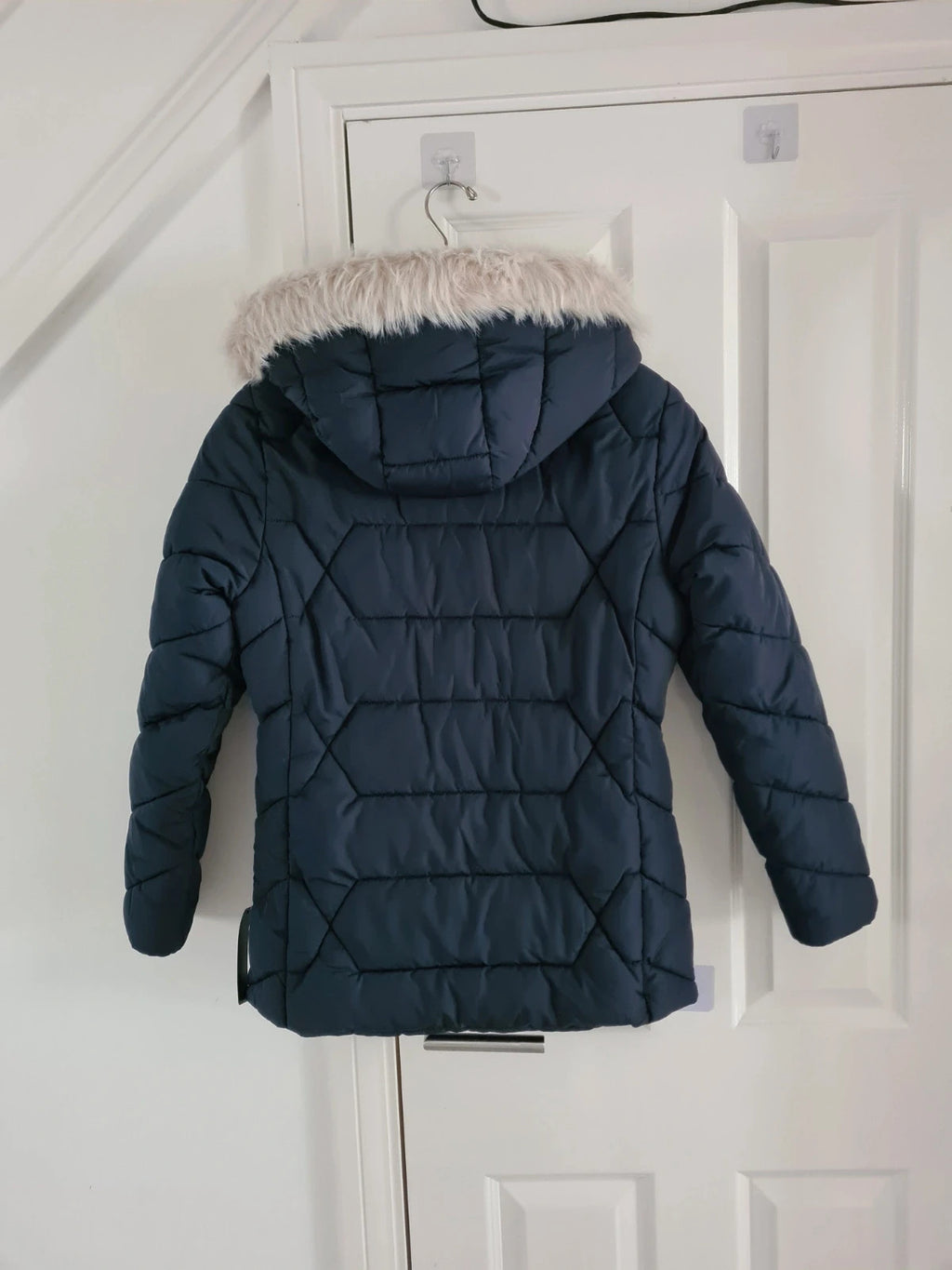 Roman women navy faux fur trim hooded coat long quilted jacket zip stand neck warm casual L/12