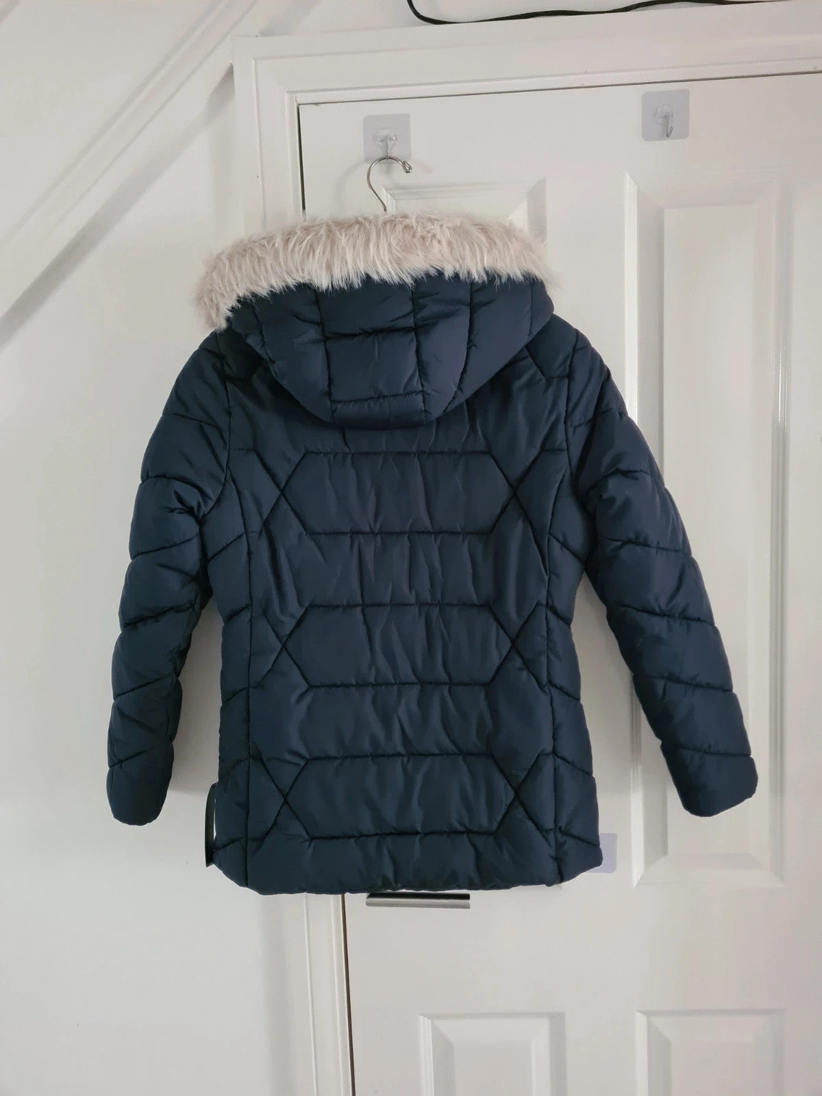 Roman women navy faux fur trim hooded coat long quilted jacket zip stand neck warm casual L/12