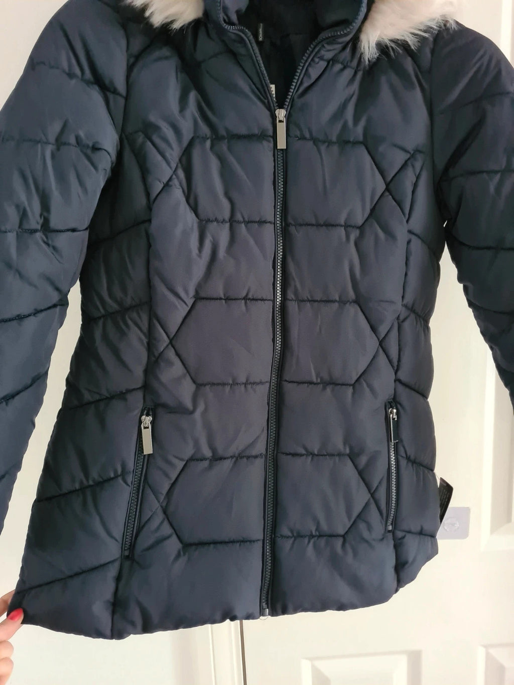 Roman women navy faux fur trim hooded coat long quilted jacket zip stand neck warm casual L/12